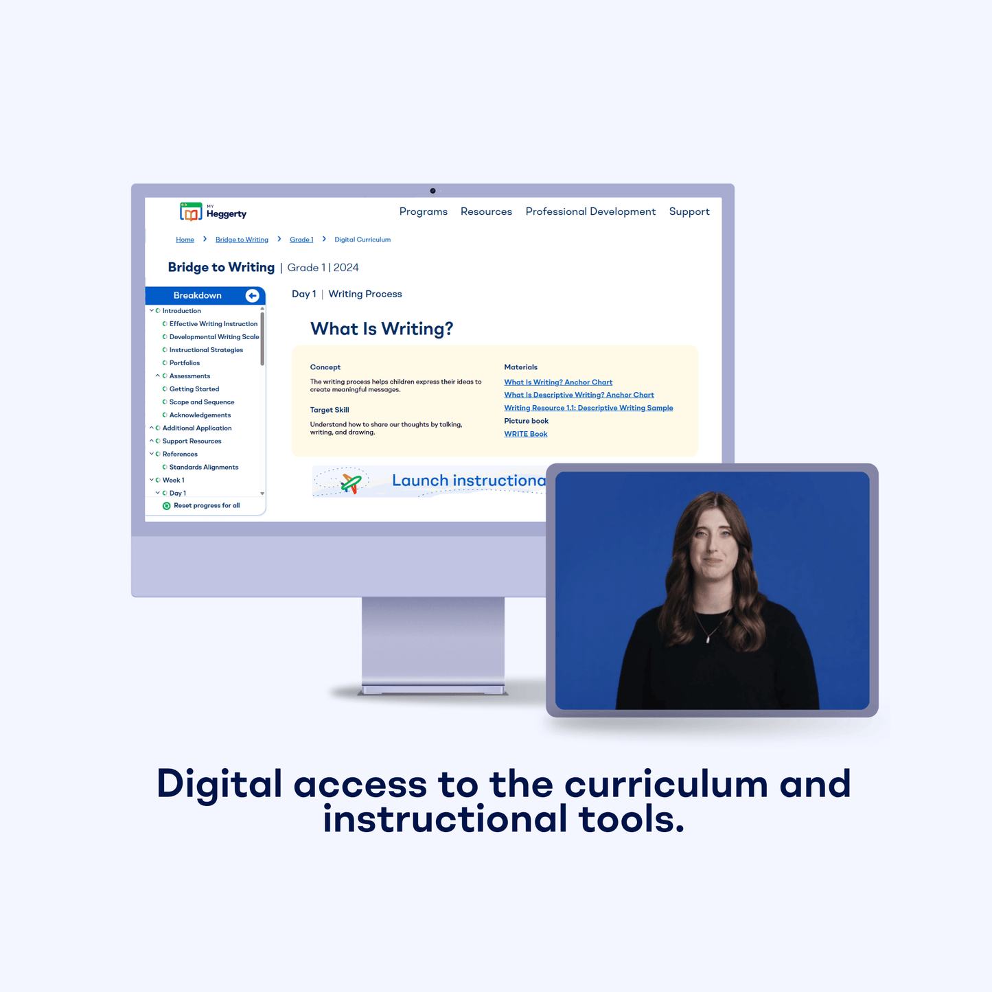 Bridge to Writing Grade 1 digital curriculum dashboard showing the What Is Writing video lesson