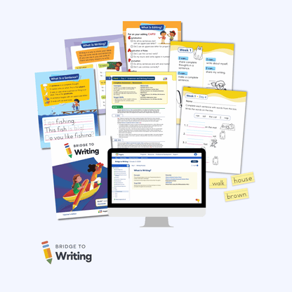 Bridge to Writing First Grade Foundational Skills Kit with Teacher's Edition, anchor charts, WRITE Book, and word cards