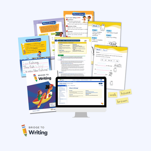 Bridge to Writing First Grade Foundational Skills Kit with Teacher's Edition, anchor charts, WRITE Book, and word cards