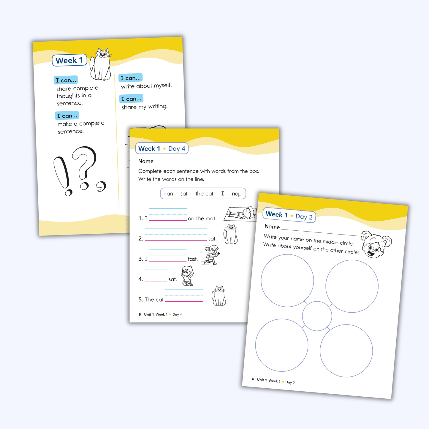 WRITE Book student pages for Week 1 with I can statements and complete-the-sentence writing practice