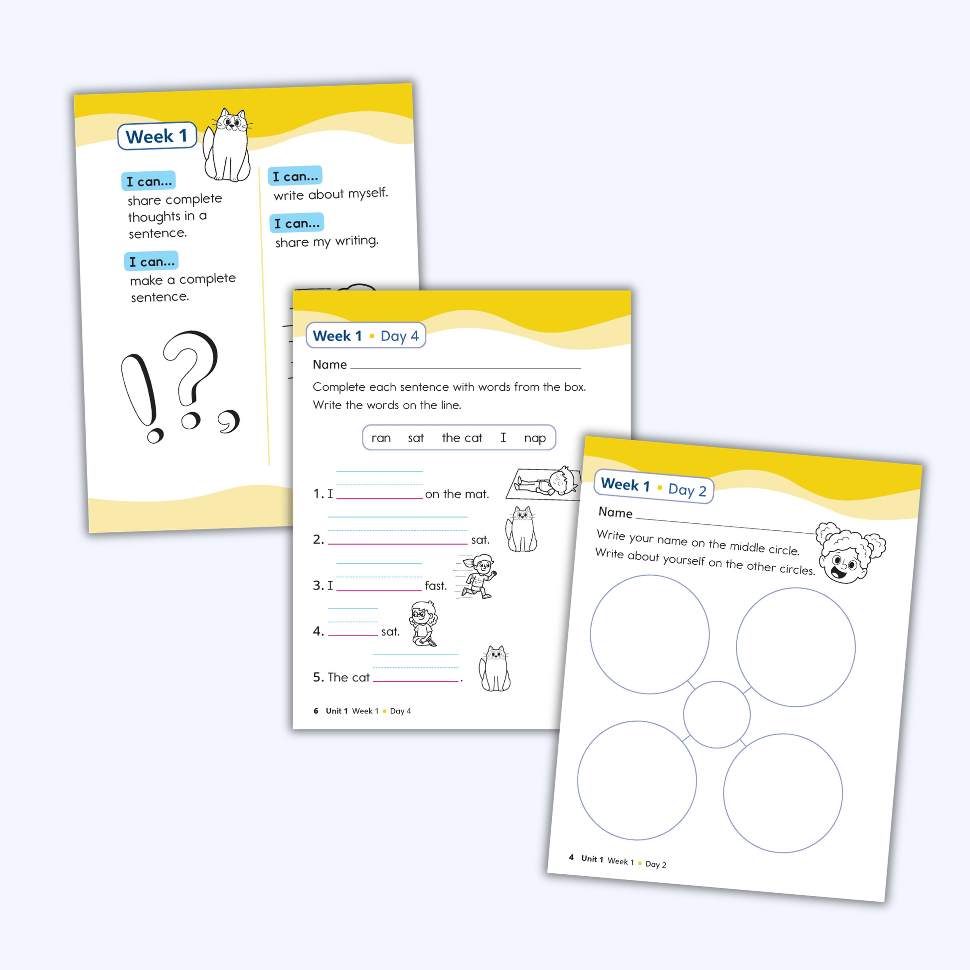 WRITE Book student pages for Week 1 with I can statements and complete-the-sentence writing practice