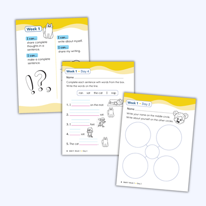 WRITE Book student pages for Week 1 with I can statements and complete-the-sentence writing practice