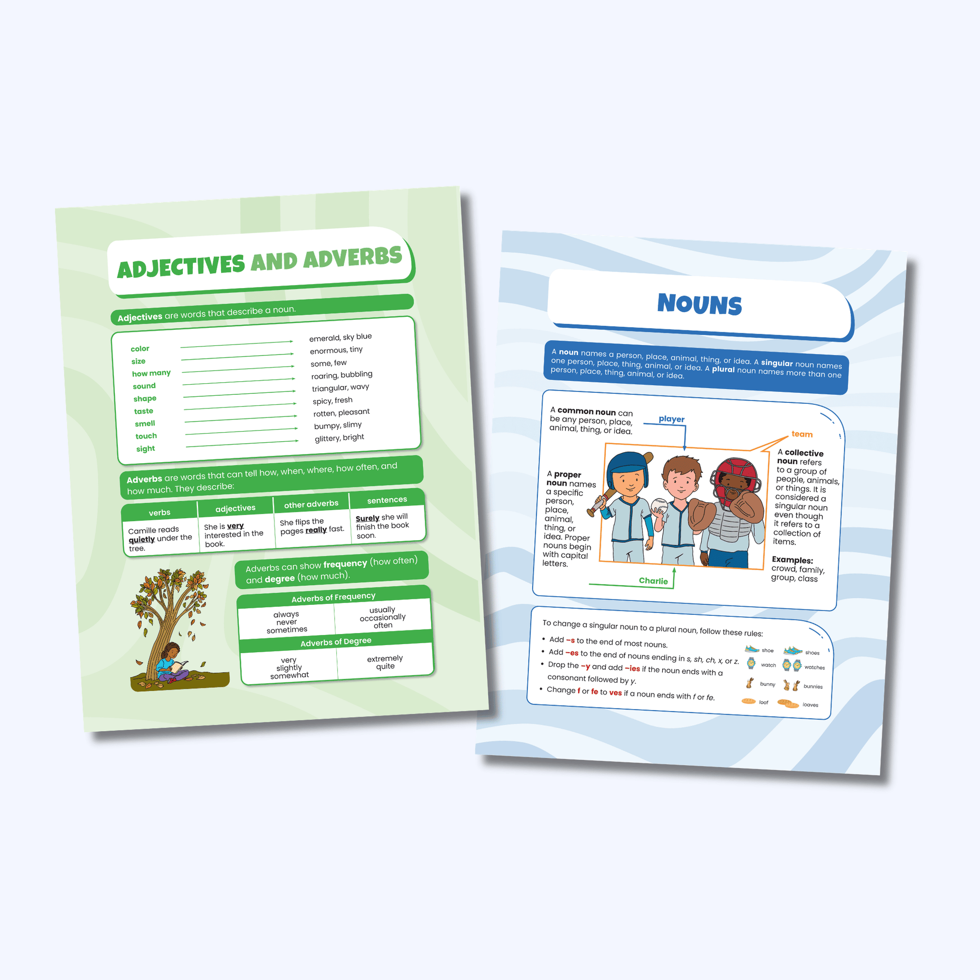 Adjectives and Adverbs and Nouns anchor charts showing descriptive word lists and noun type examples