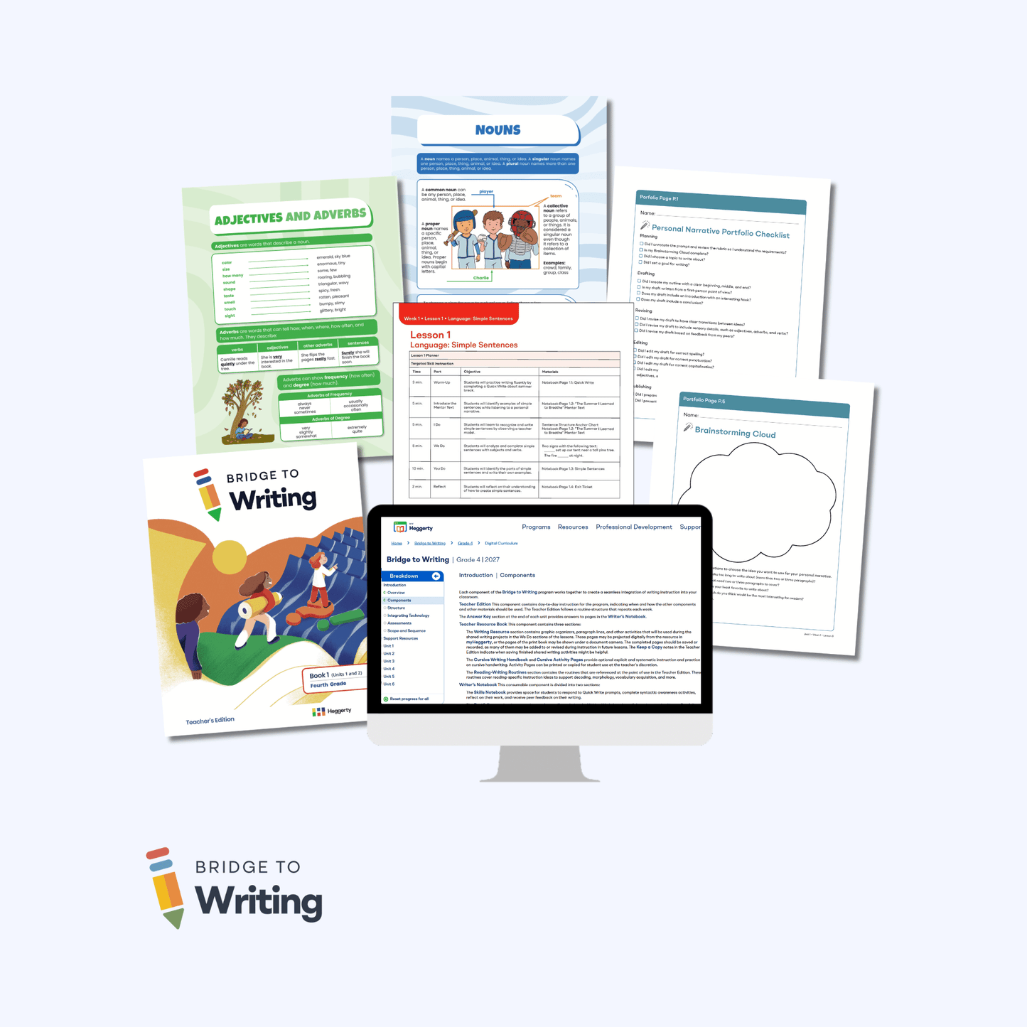 Bridge to Writing Fourth Grade Foundational Skills Kit with Teacher's Edition, anchor charts, lesson plans, and portfolio pages