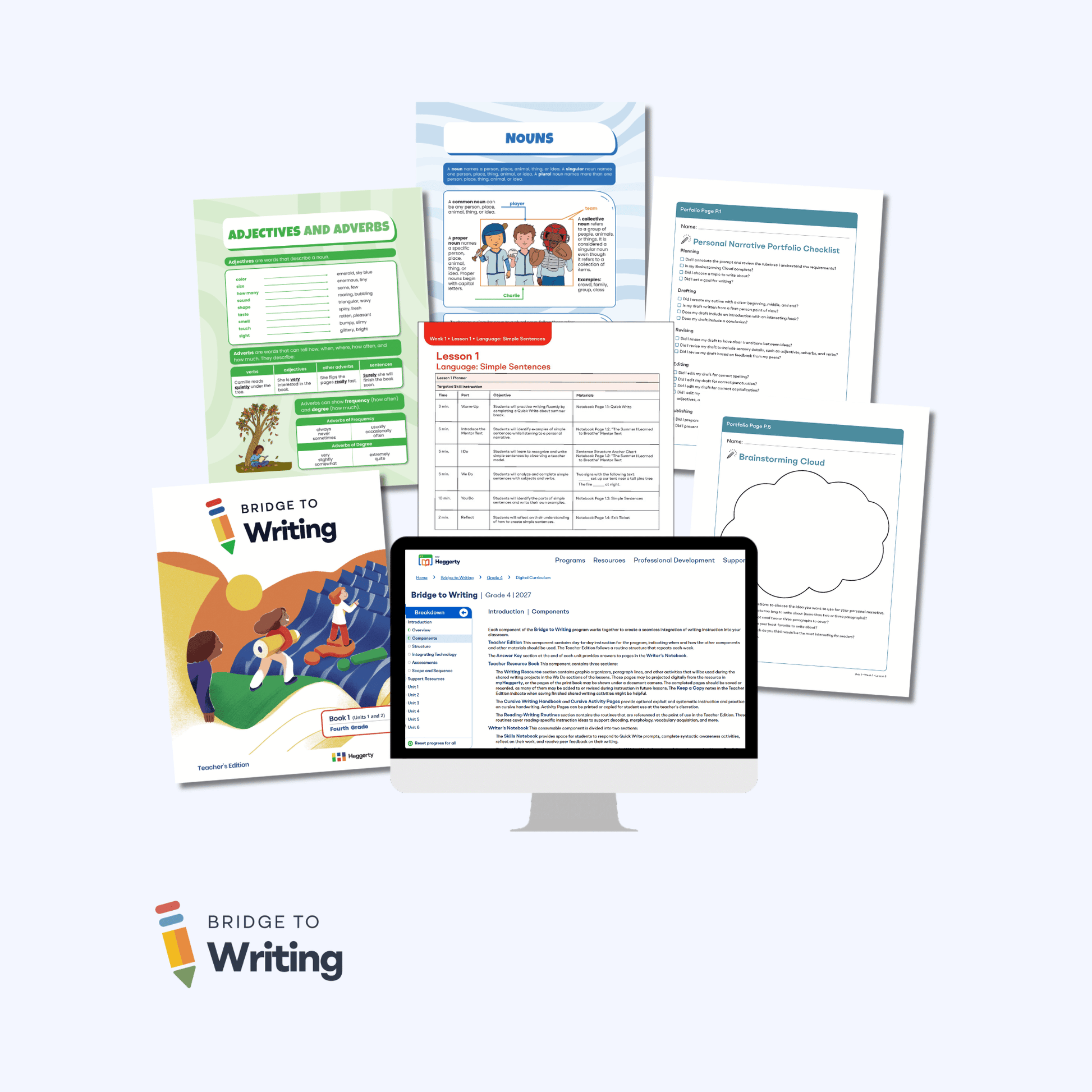 Bridge to Writing Fourth Grade Foundational Skills Kit with Teacher's Edition, anchor charts, lesson plans, and portfolio pages
