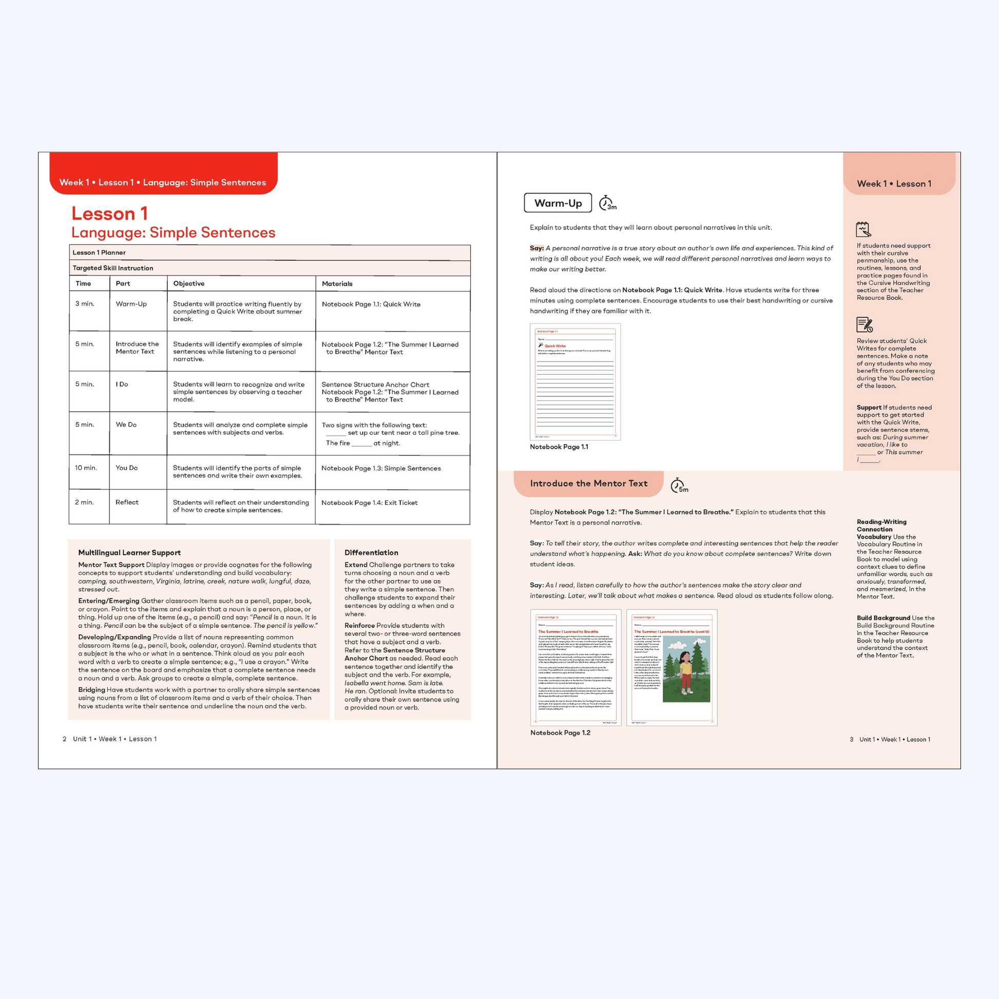 Week 1 Lesson 1 language lesson plan on simple sentences with mentor text and warm-up activity