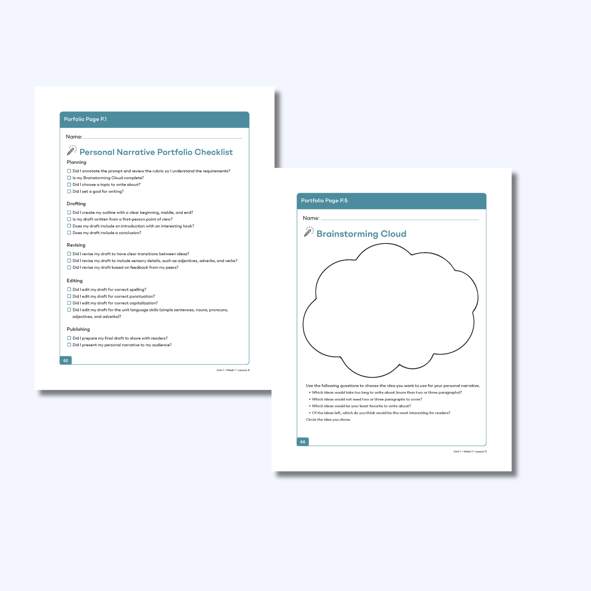Personal narrative portfolio checklist and brainstorming cloud graphic organizer for planning student writing