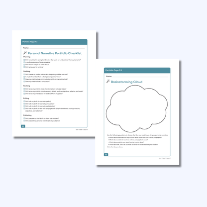 Personal narrative portfolio checklist and brainstorming cloud graphic organizer for planning student writing