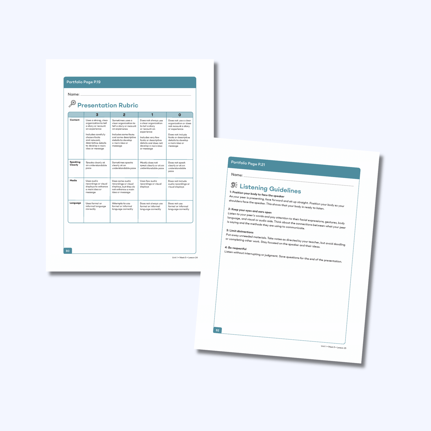 Presentation rubric and listening guidelines pages for peer presentations of personal narratives