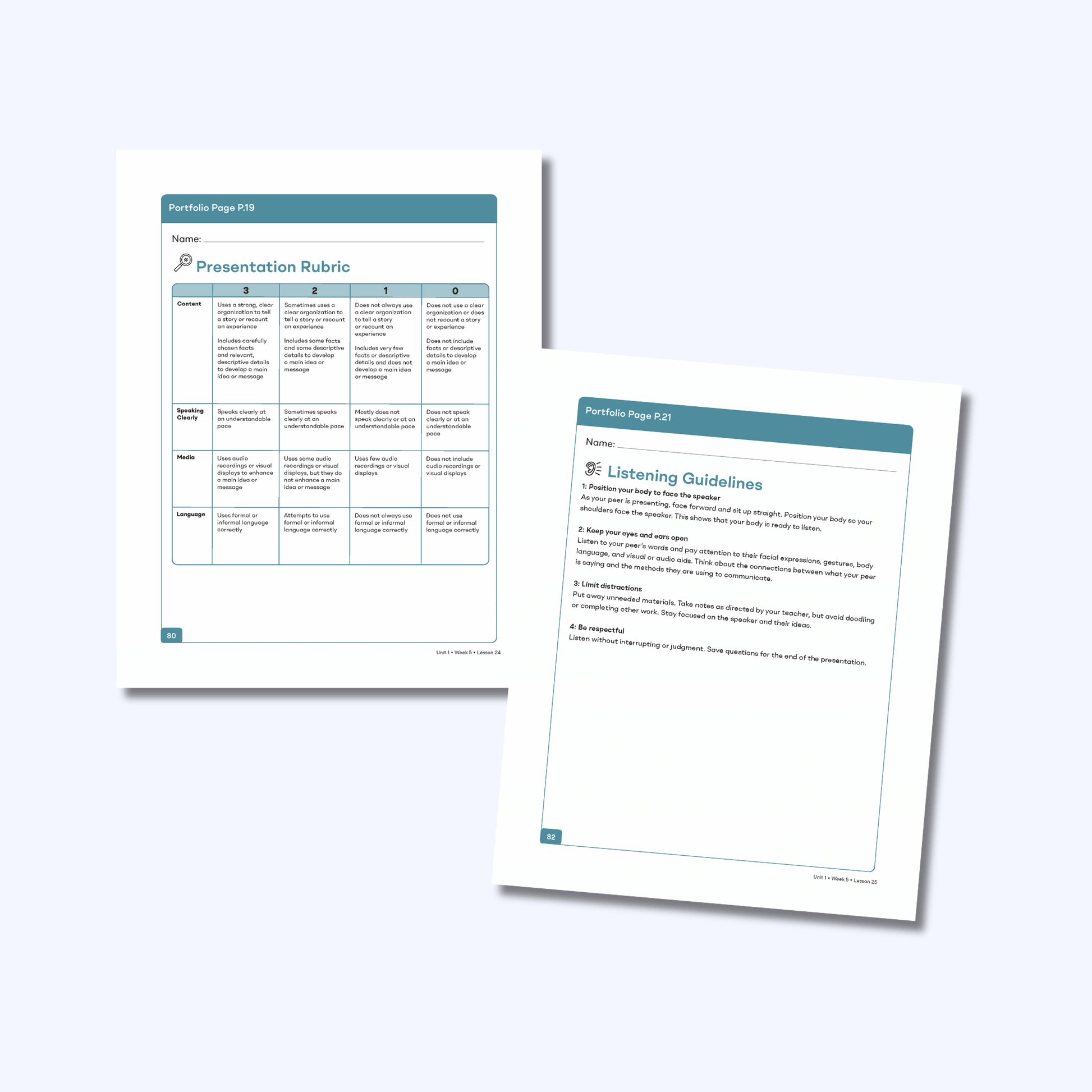 Presentation rubric and listening guidelines pages for peer presentations of personal narratives