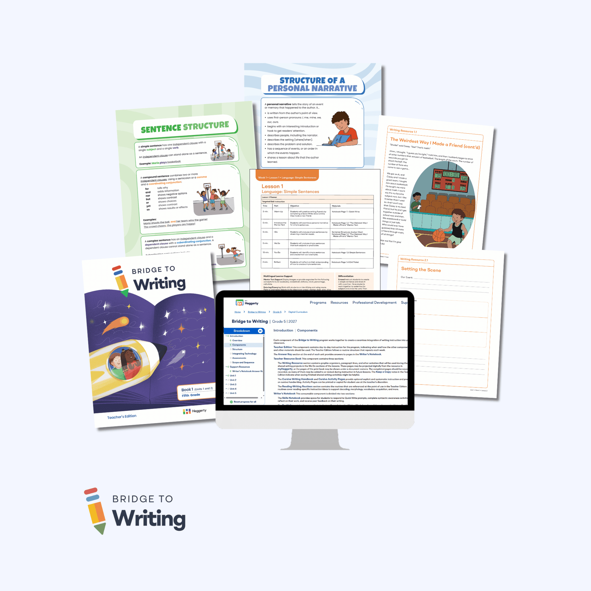 Bridge to Writing Grade 5 curriculum components including Teacher's Edition, anchor charts, Writer's Notebook pages, and the myHeggerty digital platform