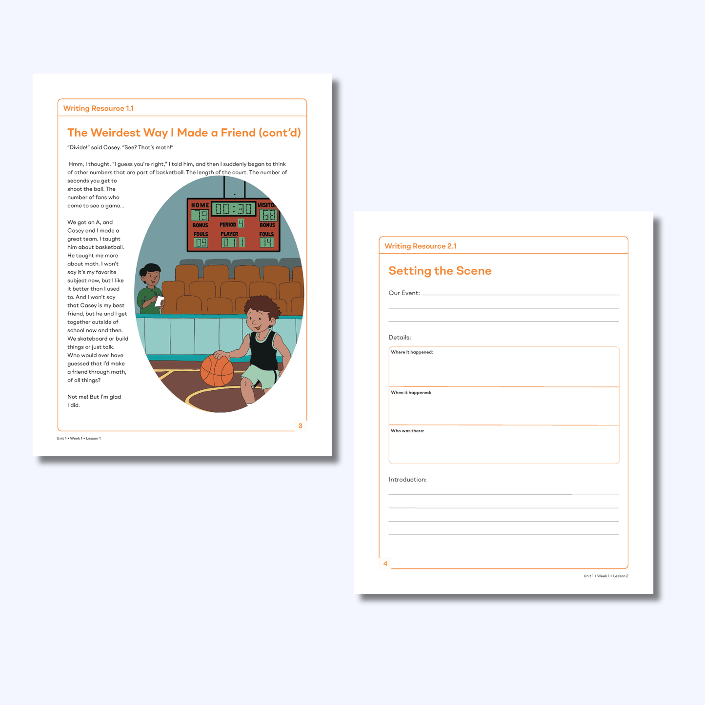 Bridge to Writing Grade 5 Writer's Notebook pages with the mentor text "The Weirdest Way I Made a Friend" and a Setting the Scene graphic organizer