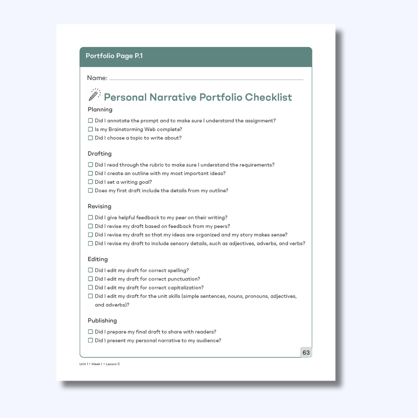 Bridge to Writing Grade 5 Personal Narrative Portfolio Checklist covering planning, drafting, revising, editing, and publishing