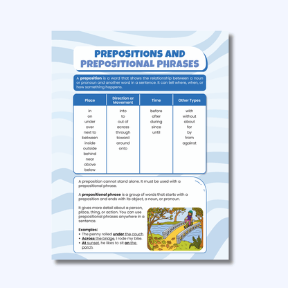 Bridge to Writing Grade 5 anchor chart on prepositions and prepositional phrases with place, direction, time, and other preposition examples