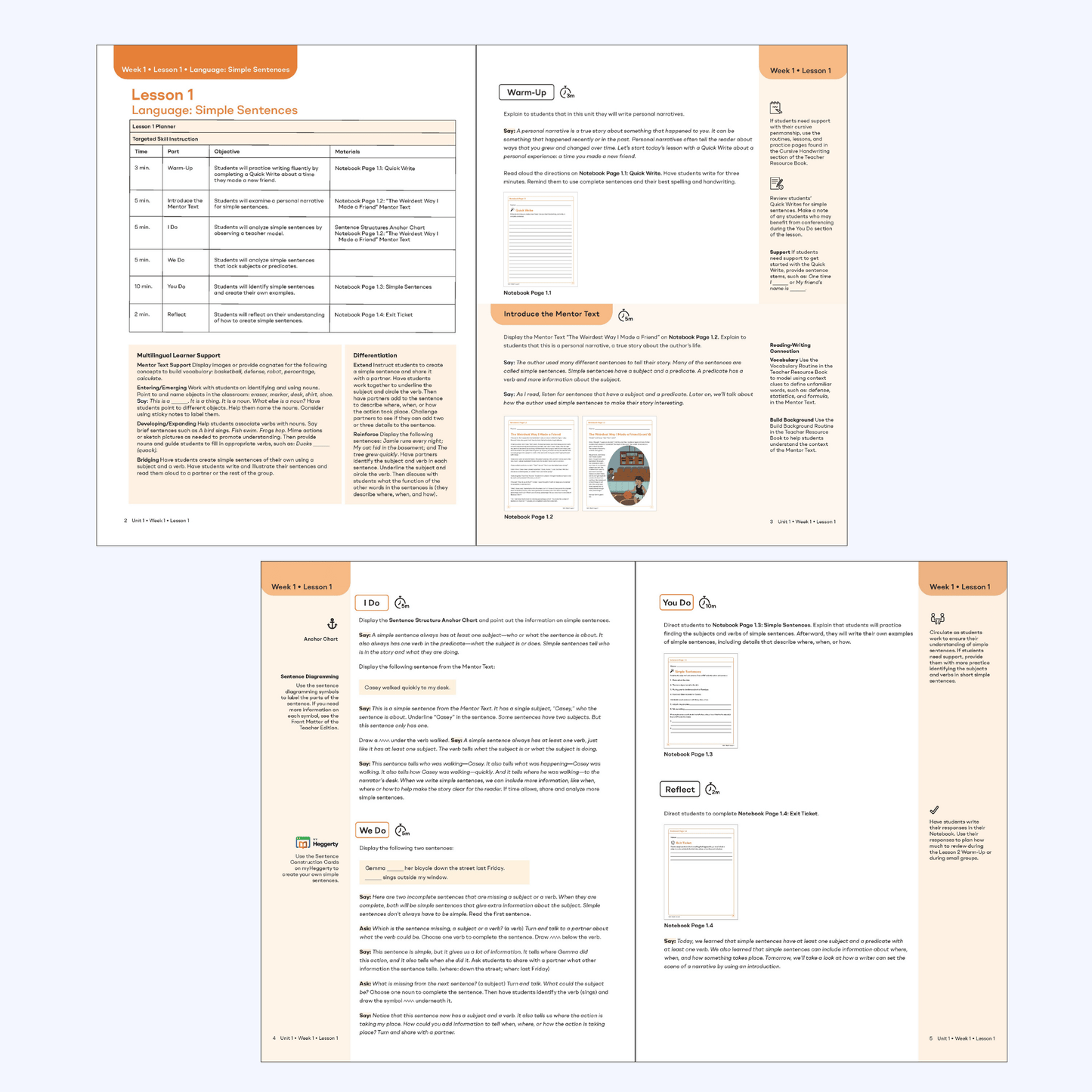 Bridge to Writing Grade 5 Teacher's Edition Lesson 1 on simple sentences with the Warm-Up, I Do, We Do, and You Do instructional routine