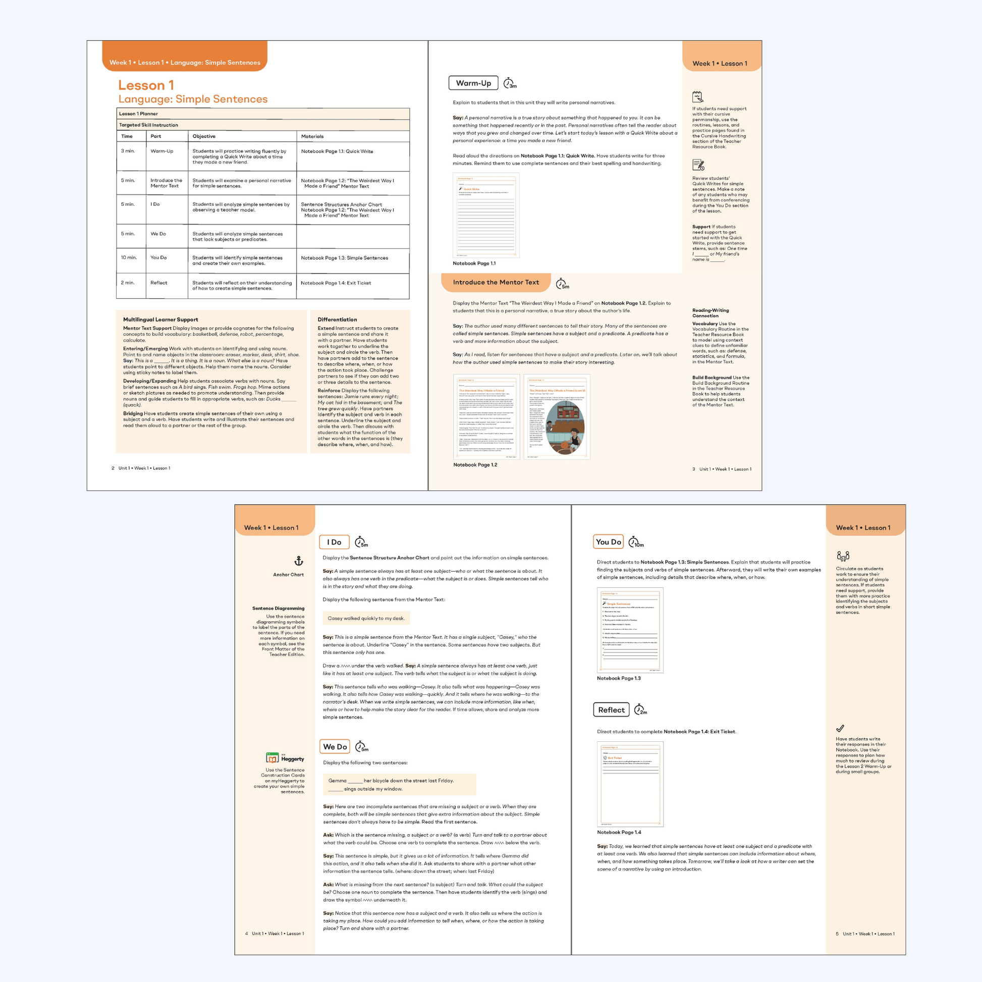 Bridge to Writing Grade 5 Teacher's Edition Lesson 1 on simple sentences with the Warm-Up, I Do, We Do, and You Do instructional routine