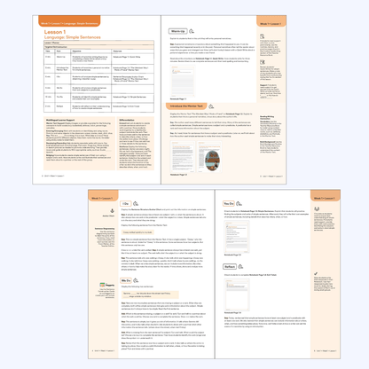 Bridge to Writing Grade 5 Teacher's Edition Lesson 1 on simple sentences with the Warm-Up, I Do, We Do, and You Do instructional routine