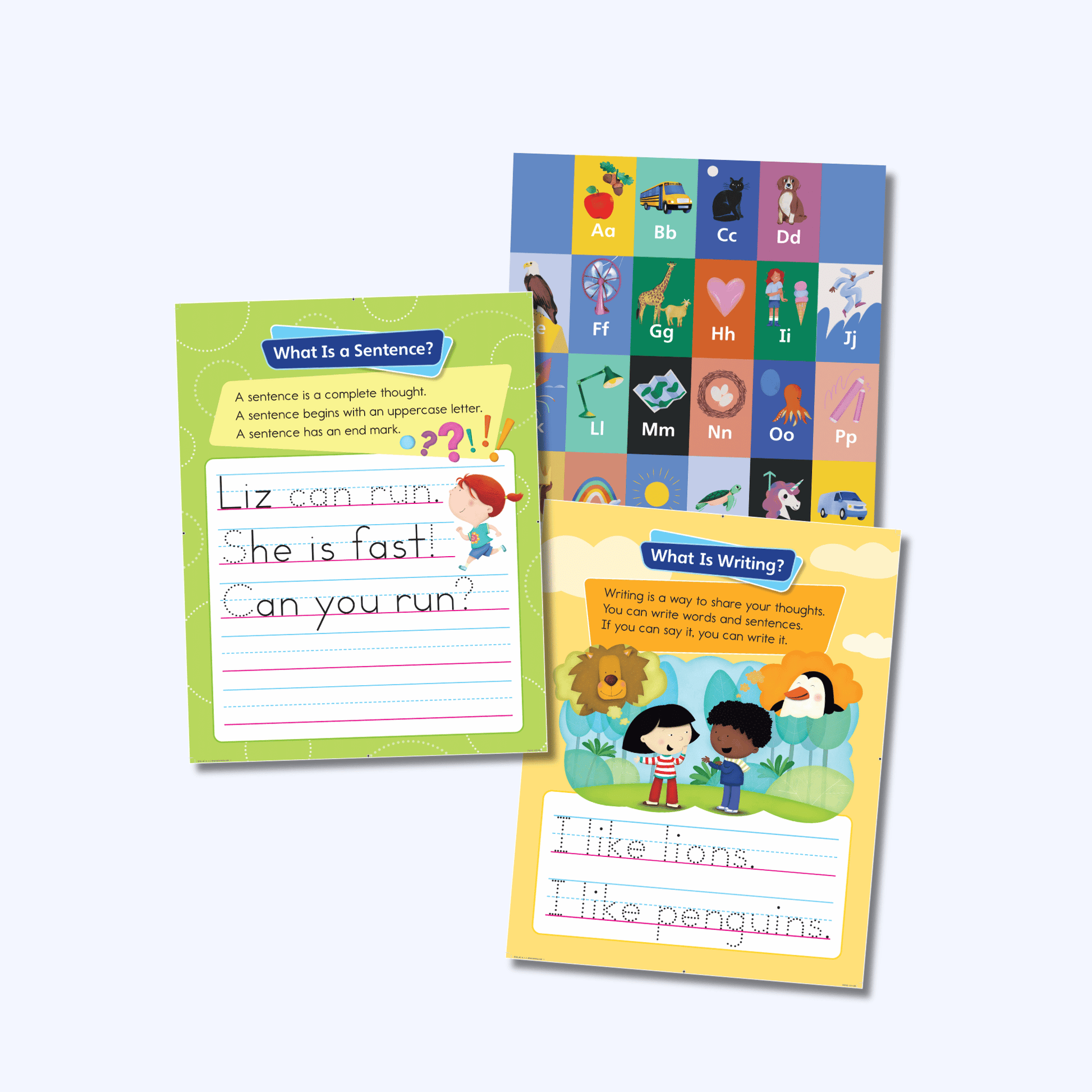 What Is a Sentence and What Is Writing anchor charts with alphabet poster for kindergarten writing instruction