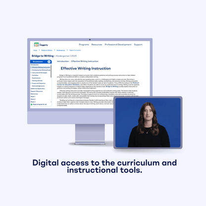 Bridge to Writing Kindergarten digital curriculum dashboard showing Effective Writing Instruction video lesson