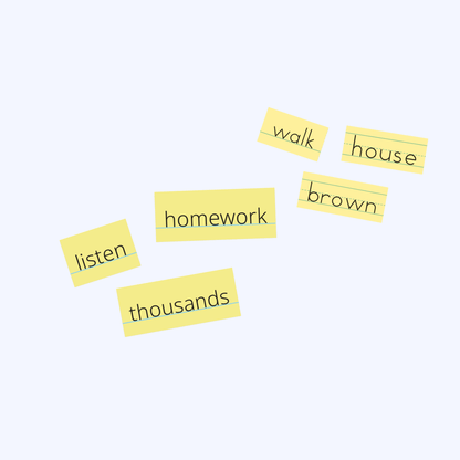 Word cards for walk, house, brown, homework, listen, and thousands used in kindergarten writing lessons