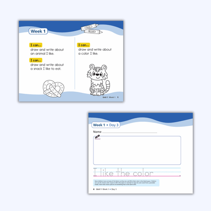 WRITE Book student pages for Week 1 with I can statements and name-and-color writing prompt