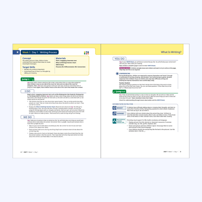 Week 1 Day 1 writing process lesson plan showing concept, target skills, and differentiated instruction supports