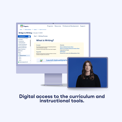Bridge to Writing Grade 2 digital curriculum dashboard showing the What Is Writing video lesson