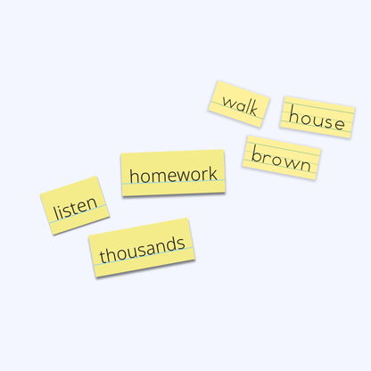 Word cards for walk, house, brown, homework, listen, and thousands used in second grade writing lessons