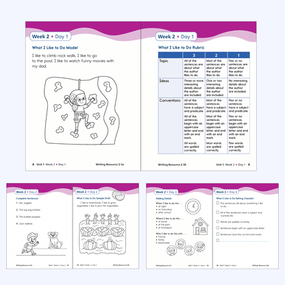 WRITE Book student pages for Week 2 with writing model, rubric, sample draft, and editing checklist