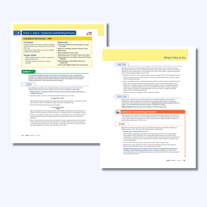 Week 2 Day 4 grammar and writing process lesson plan for editing complete sentences in What I Like to Do