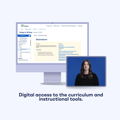 Bridge to Writing Grade 3 digital curriculum dashboard showing the Brainstorm video lesson