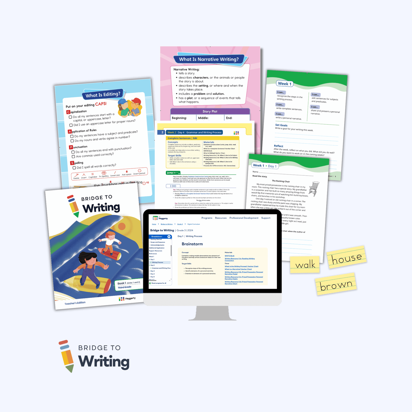 Bridge to Writing digital curriculum bundle mockup showing multiple lesson and worksheet pages arranged around a computer monitor screen, with sticky notes reading 'walk', 'house', and 'brown' on a light gray background.