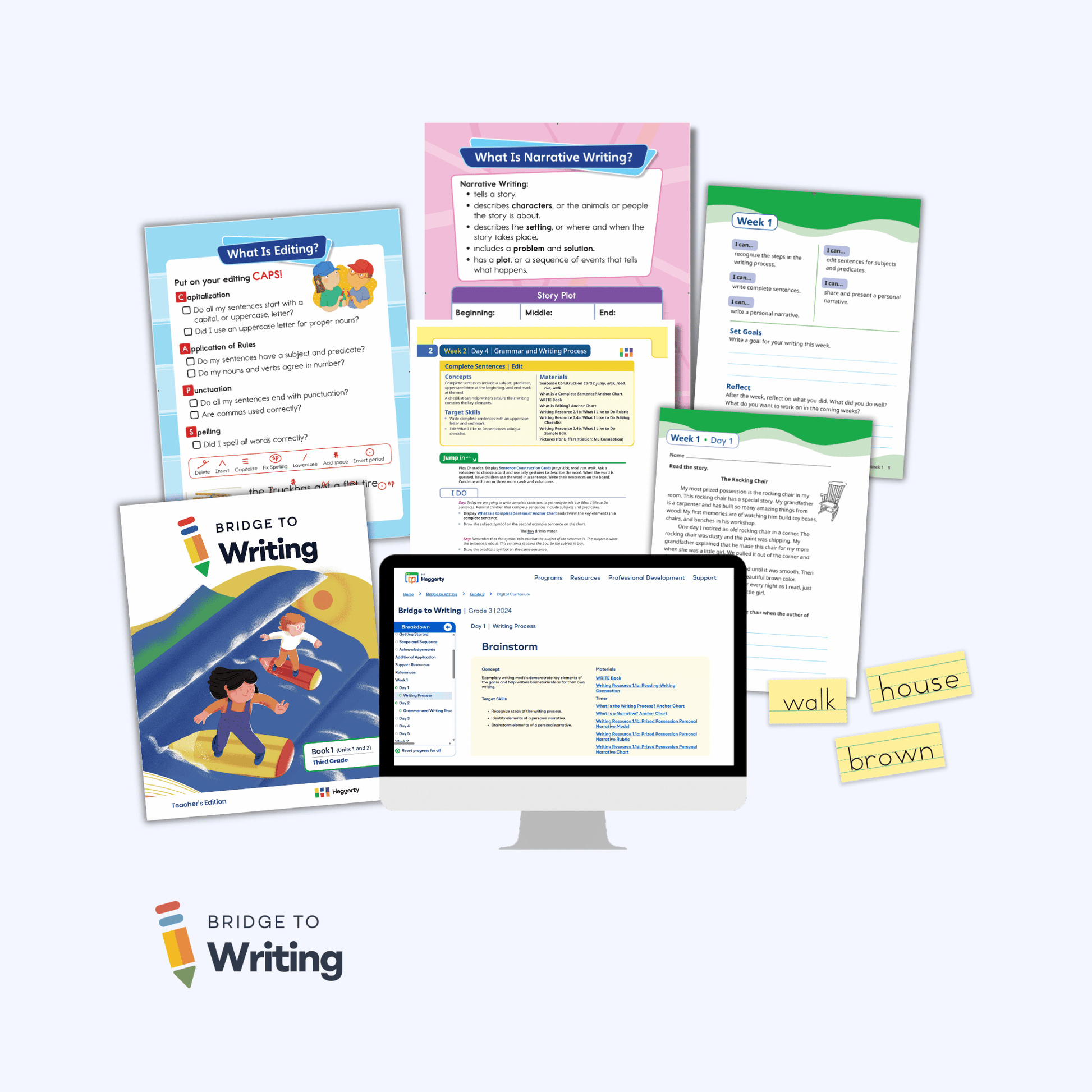 Bridge to Writing digital curriculum bundle mockup showing multiple lesson and worksheet pages arranged around a computer monitor screen, with sticky notes reading 'walk', 'house', and 'brown' on a light gray background.