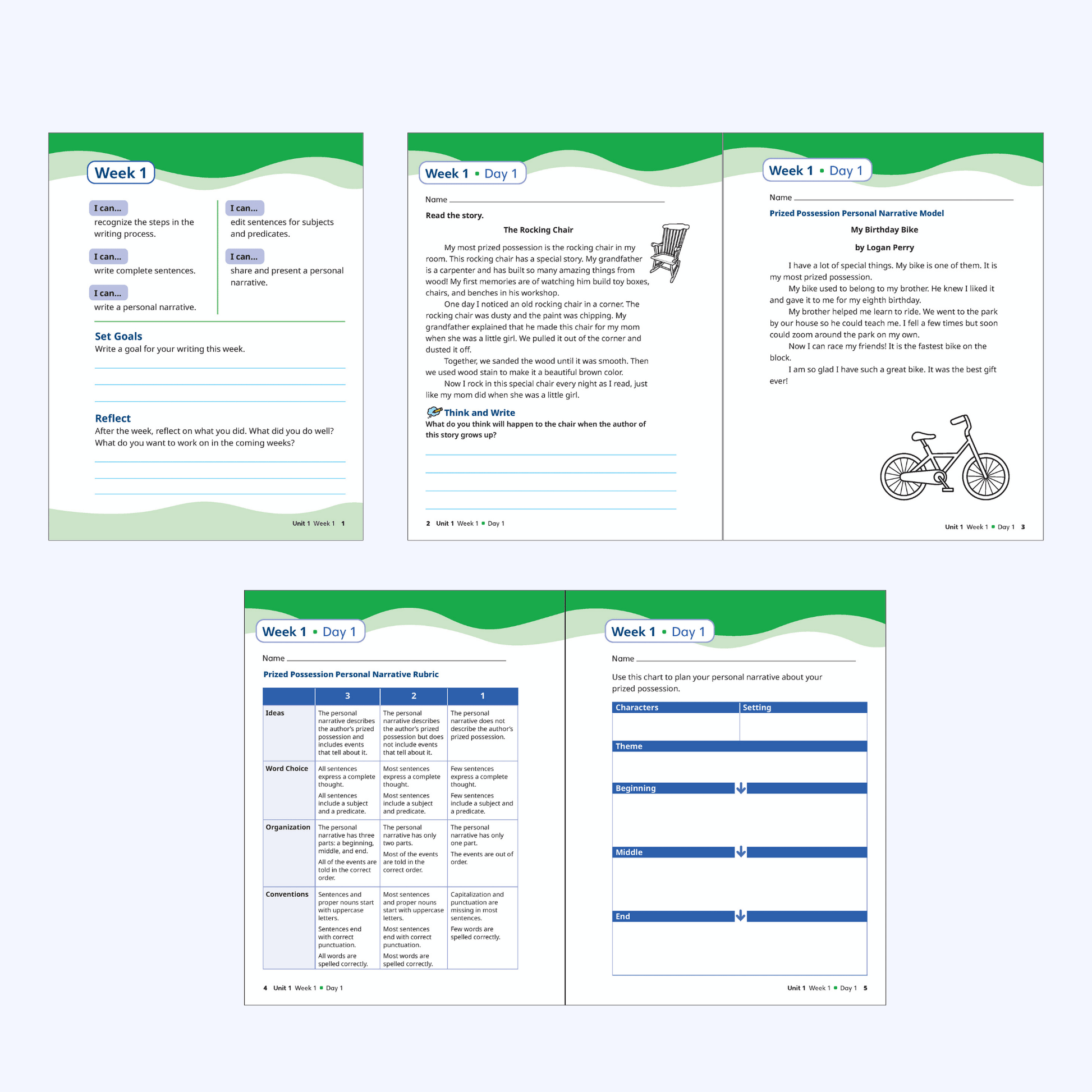 WRITE Book student pages for Week 1 with I can statements, model story, rubric, and personal narrative planning chart