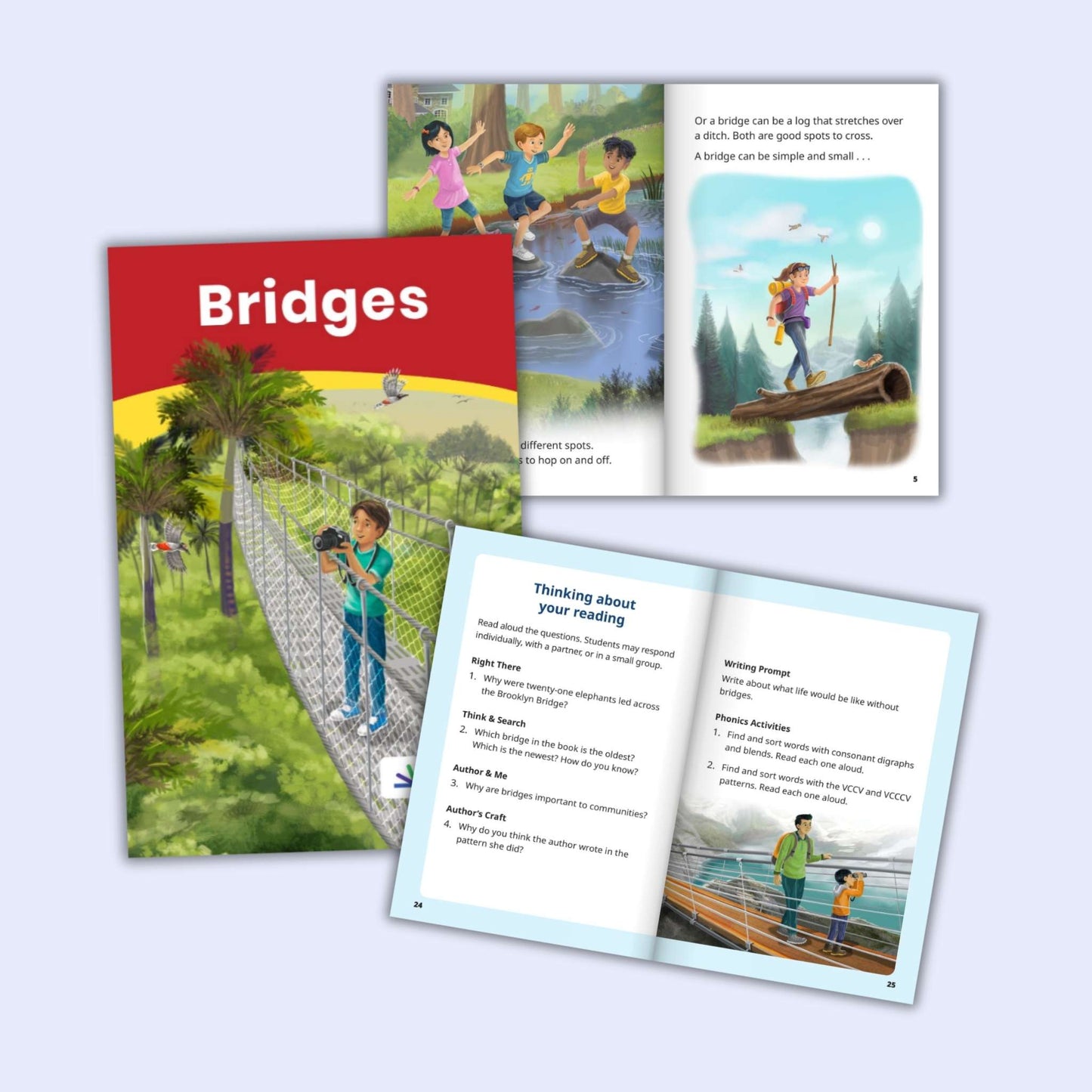 Children's book titled 'Bridges' with illustrations of children and bridges on a light blue background.