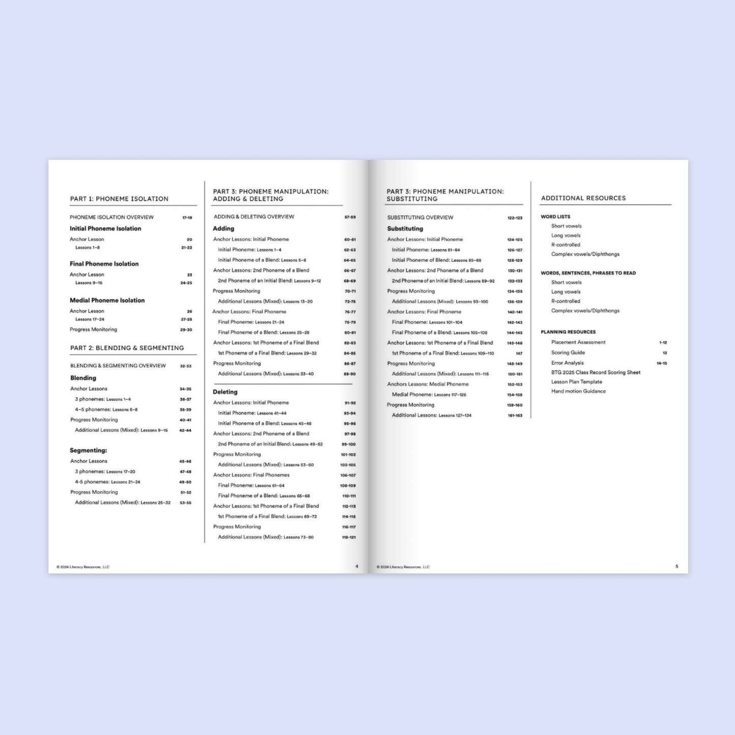 Open book showing a scope & sequence table of contents on a light purple background