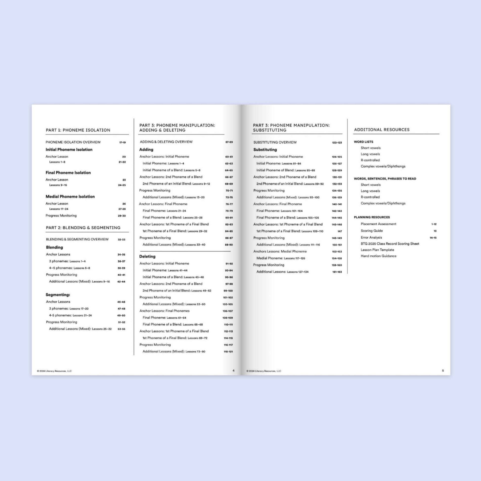 Open book showing a scope & sequence table of contents on a light purple background
