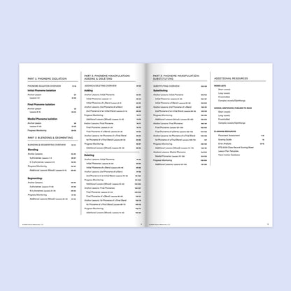 Open book showing a scope & sequence table of contents on a light purple background