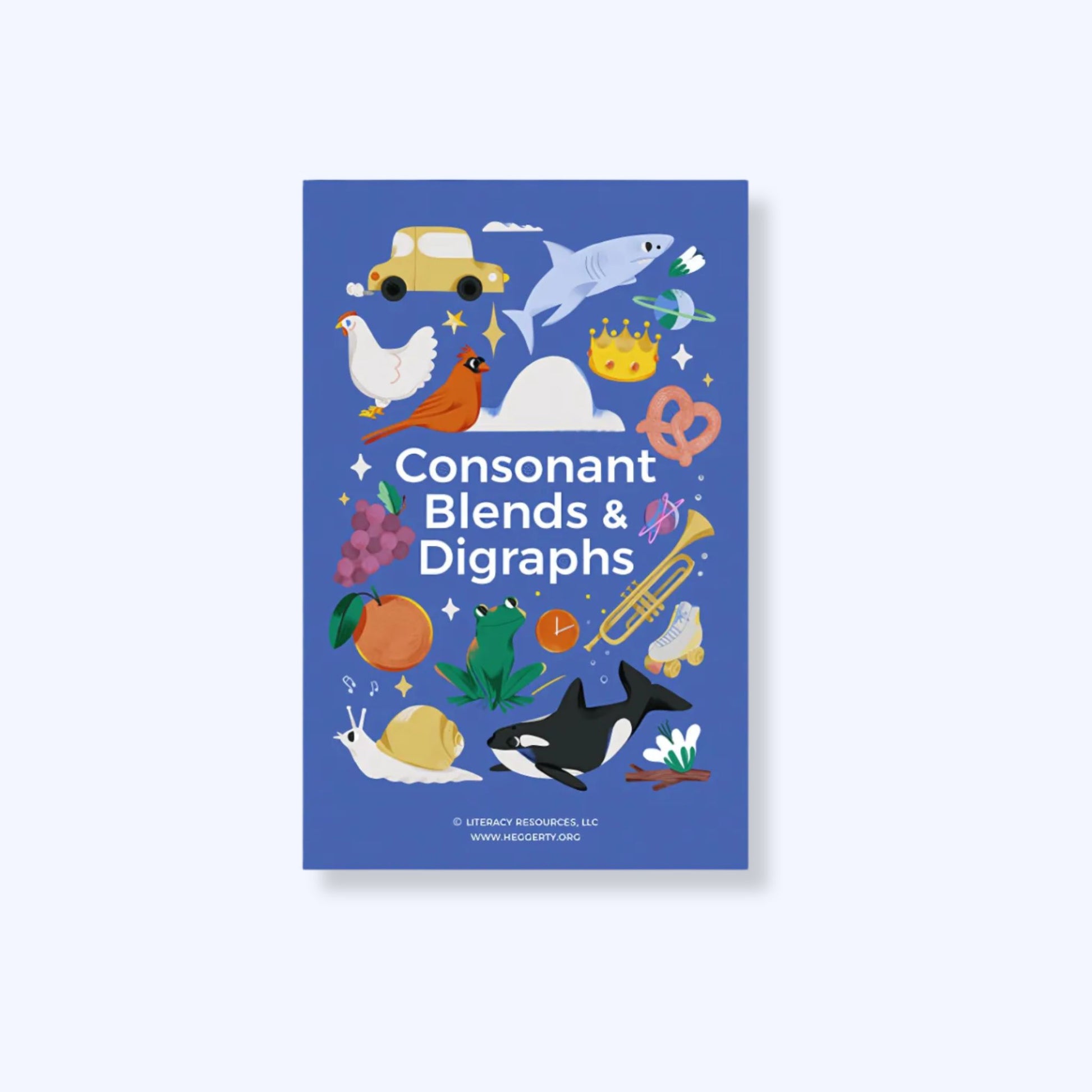 Heggerty Consonant Blends and Digraph cards box with blue cover, featuring colorful illustrations to support phonics and early literacy instruction.