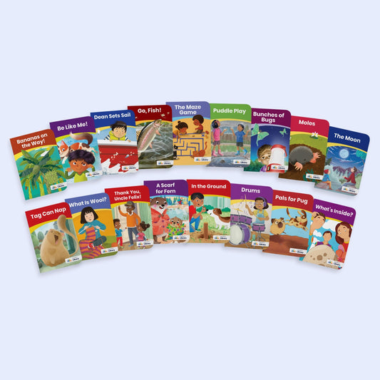 Heggerty Library Series 2 collection of 17 illustrated decodable books for first grade, featuring titles like Bananas on the Way and Dean Sets Sail to practice vowel teams and blends.