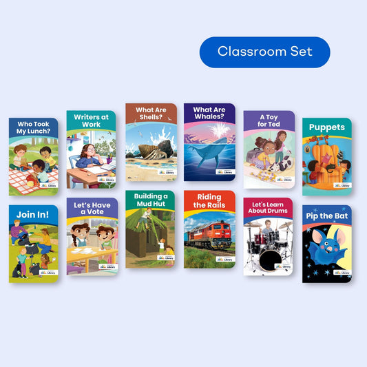 Classroom set of Heggerty Grade 1 Library Series 3 decodable books for first grade phonics, featuring twelve titles on animals, music, and storytelling.
