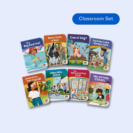 Kindergarten Series 1 Classroom Set featuring nine decodable books with themes like family and helping for foundational phonics and guided reading.