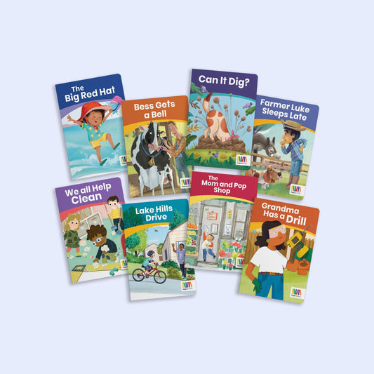 Heggerty Kindergarten Library Series 1 featuring eight illustrated decodable books for foundational phonics and early reading practice.