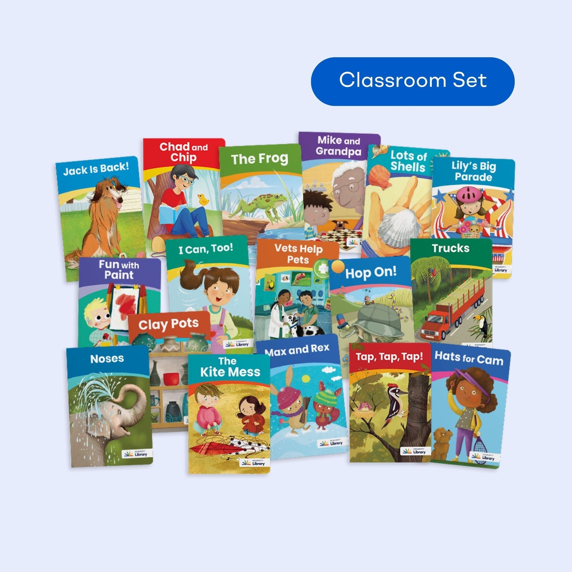 Heggerty Library Kindergarten Series 2 classroom set of 17 decodable books for group phonics instruction, featuring titles that build CVCe, long vowel, and blend decoding skills.