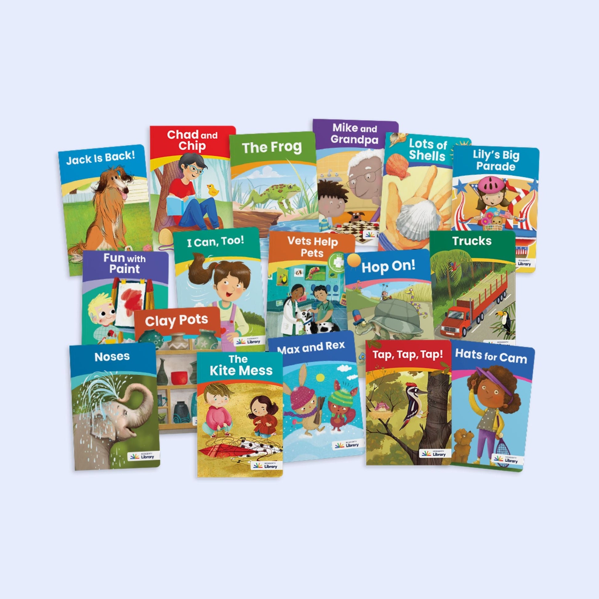 Heggerty Library Series 2 collection of 17 Kindergarten decodable books for practicing CVCe, long vowels, and blends, featuring titles like Jack Is Back and Vets Help Pets.