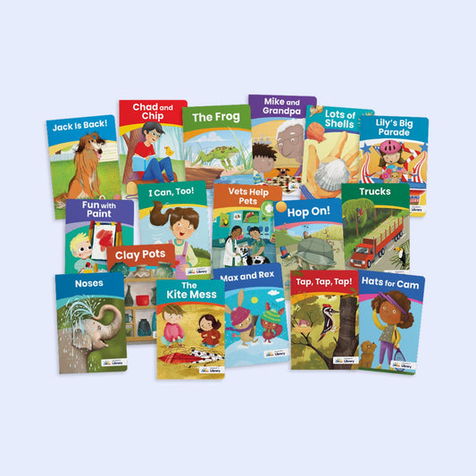 Heggerty Library Series 2 collection of 17 Kindergarten decodable books for practicing CVCe, long vowels, and blends, featuring titles like Jack Is Back and Vets Help Pets.