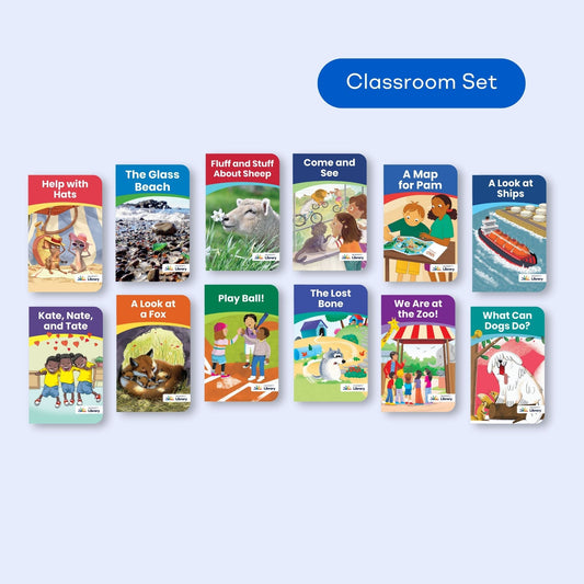 Classroom set of twelve Kindergarten Series 3 decodable books for phonics and early reading fluency, featuring themes like animals and sports.