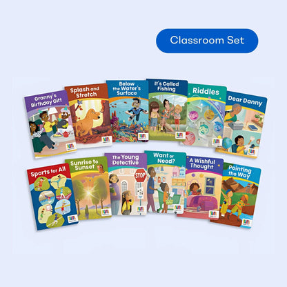 Classroom set of twelve Grade 2 Series 1 decodable books for multisyllabic reading practice, featuring stories about birthdays, riddles, and sports.
