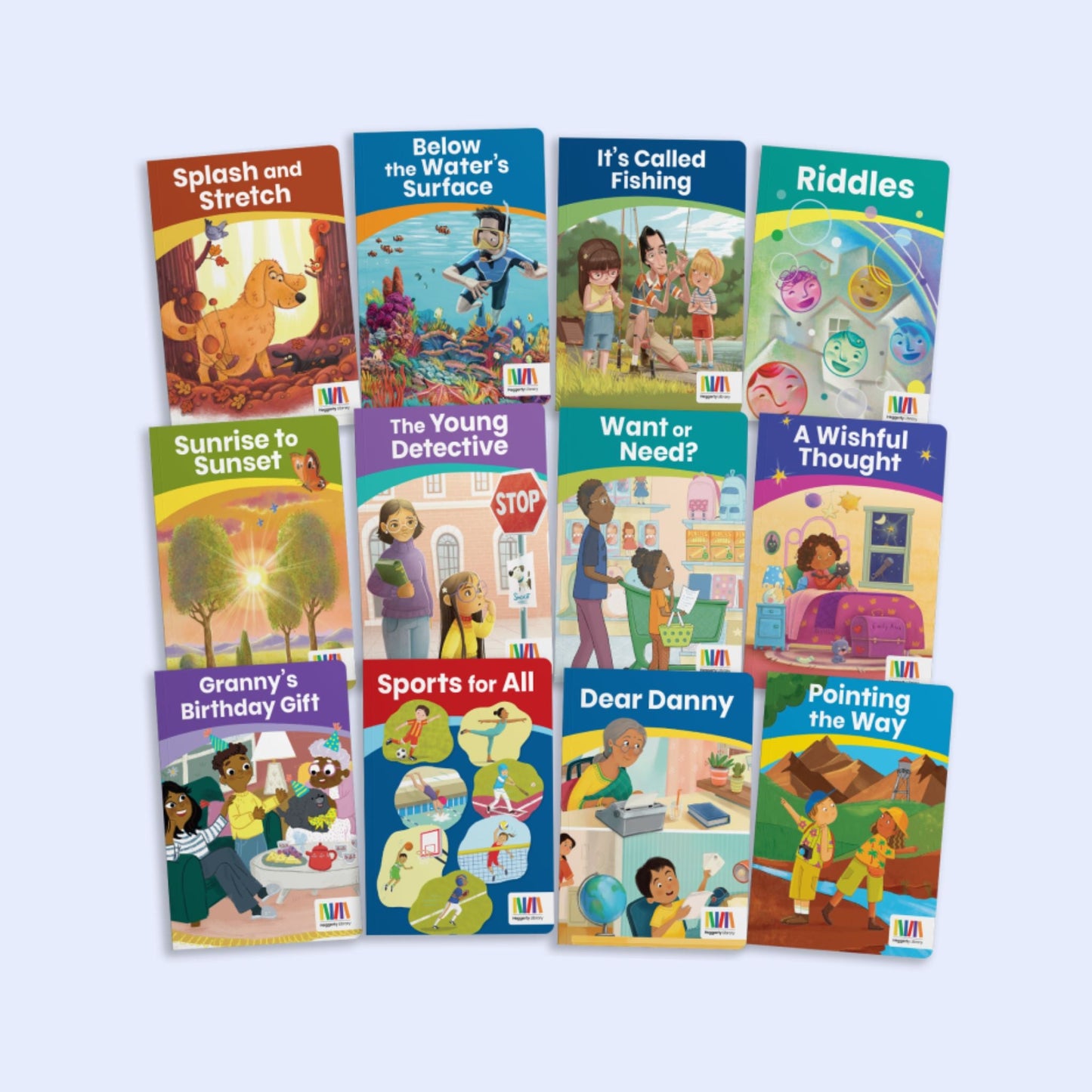 Heggerty Grade 2 Library Series 1 featuring twelve decodable books for multisyllabic decoding and fluent reading with themes like riddles and sports.