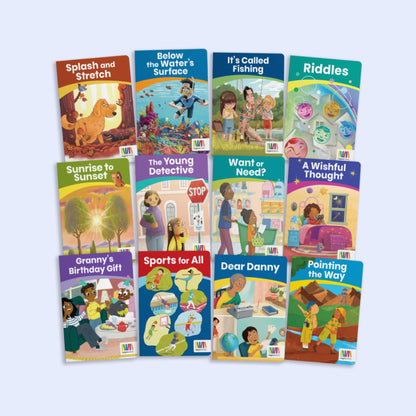 Heggerty Grade 2 Library Series 1 featuring twelve decodable books for multisyllabic decoding and fluent reading with themes like riddles and sports.